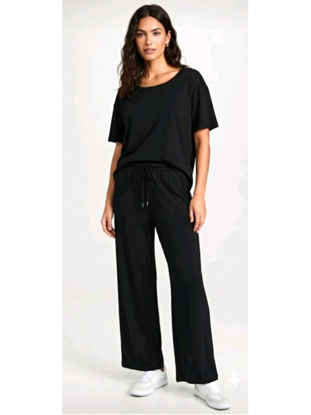 Women’s Black Short-Sleeve Lounge Set with Wide-Leg Pants – Size L
